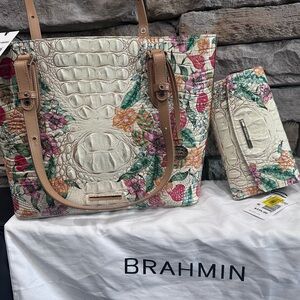Brahmin Cream Floral Embossed Leather Tote with Matching Wallet